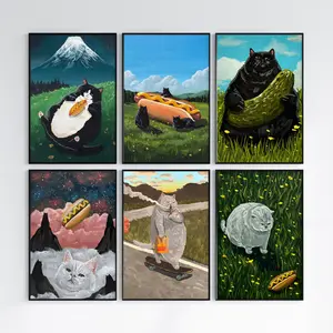 Funny Cat Meme Painting Poster, Cats and Hotdog Print Wall Art, Unique Gift For Cat Lovers Decor Home Room Office Kitchen