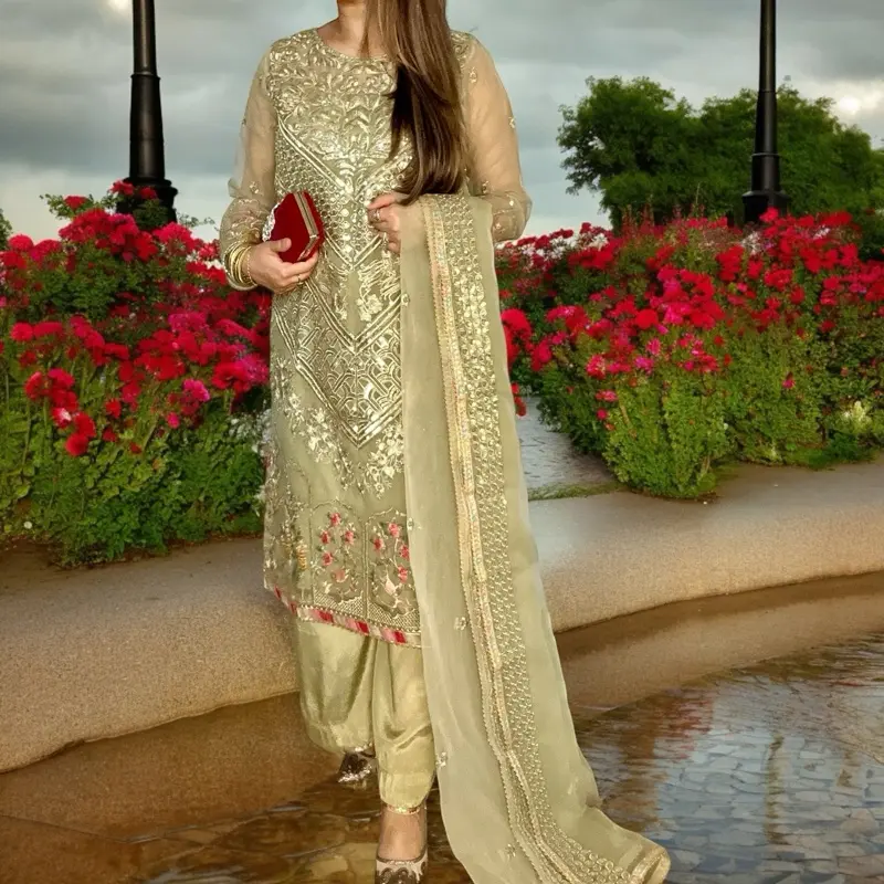 Pistachio Green Pakistani Dress with Shirt, Palazzo Pant, and Dupatta - Floral Embroidery, Lace, Sequins, Fancy Tassels, and Organza, Perfect for Eid, Parties, and Weddings Traditional Womenswear Elegant