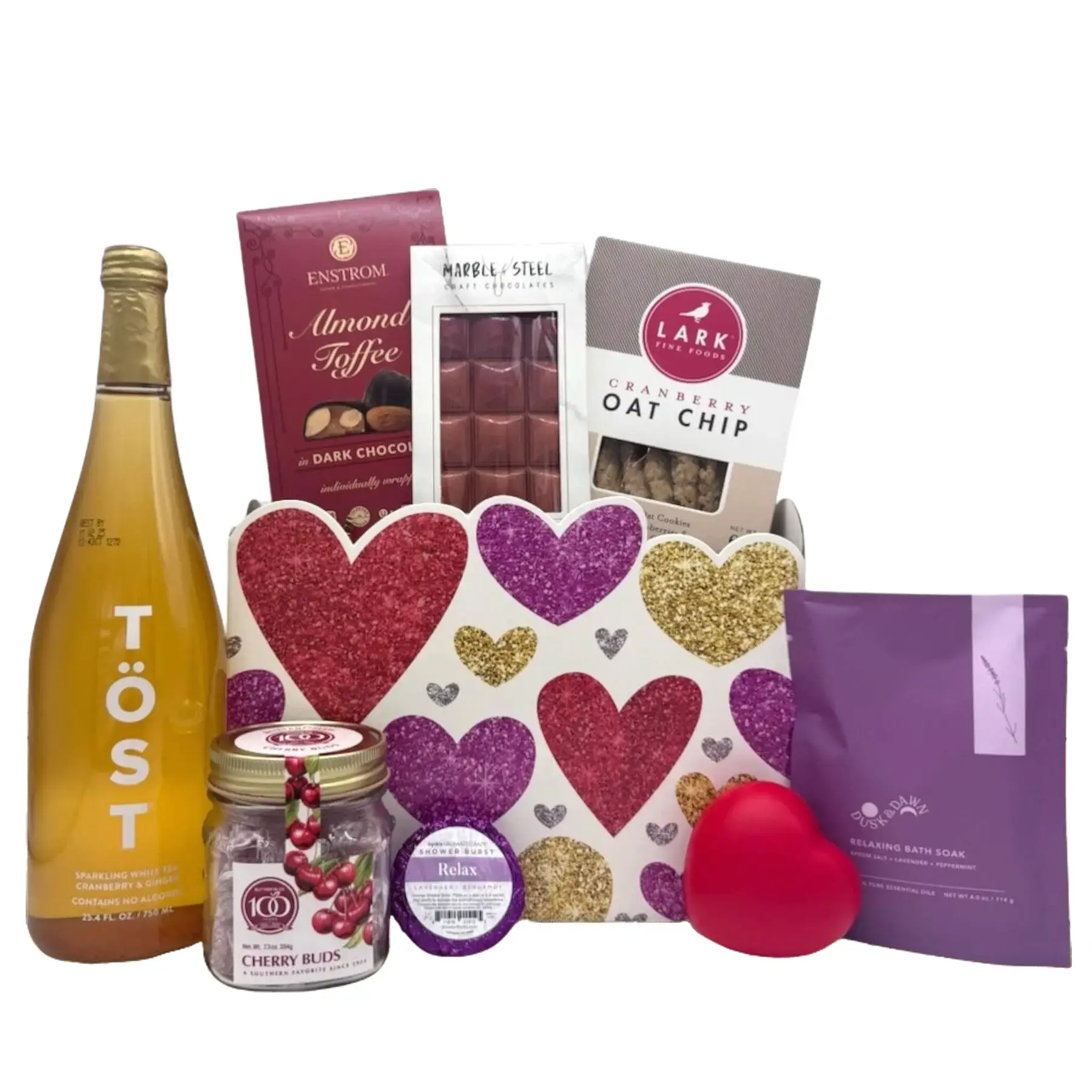 Itsonlynaturalgifts Sweetheart Surprise Valentine's Day Gift Basket with Töst Sparkling Wine, Enstrom Almond Toffee, Dark Chocolate, Cranberry Oat Chip, Cherry Buds, & Relax Bath Soak