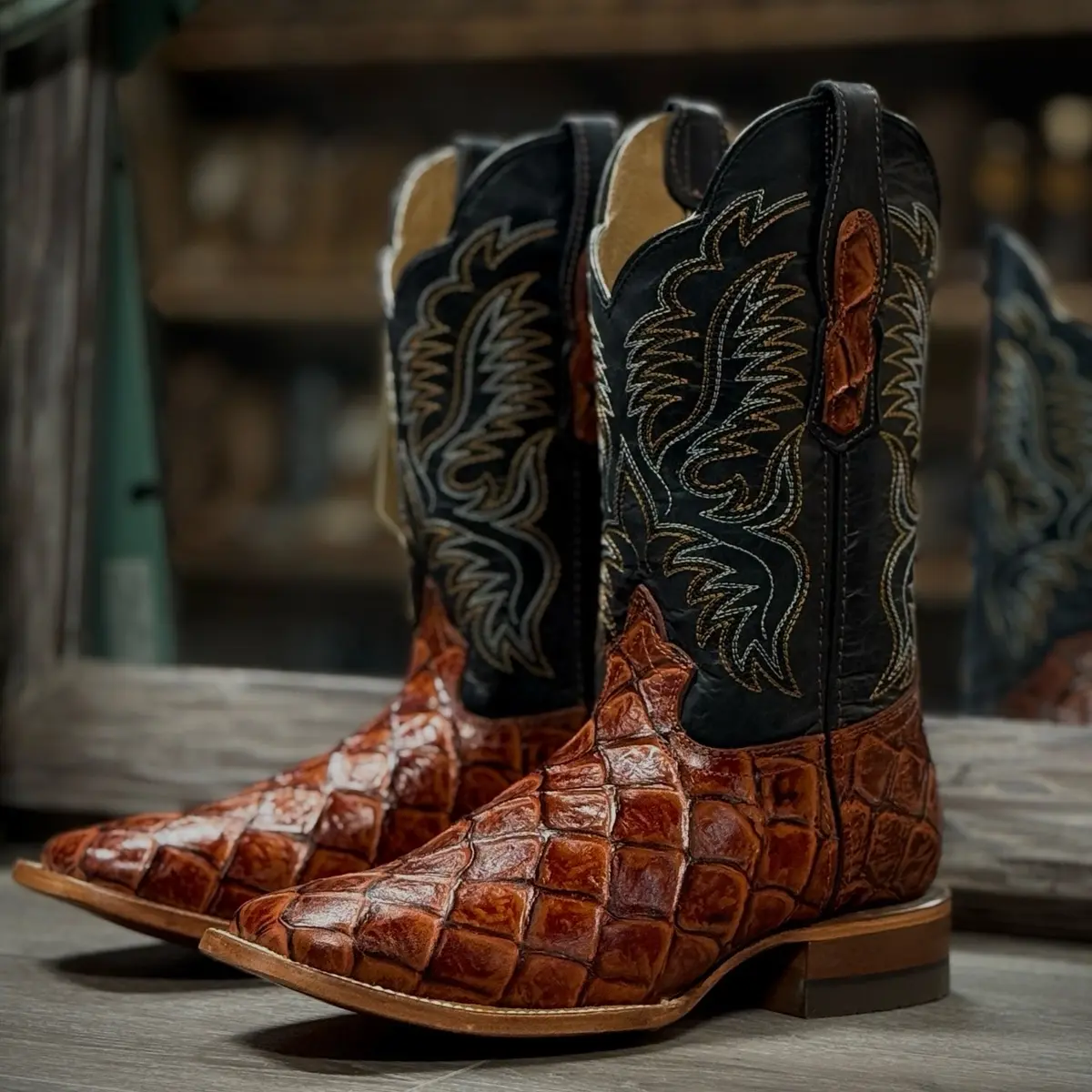 070 Mens Shedron print western toe leather sole designed on the shaft botas vaqueras