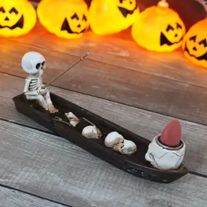 3-Piece Skull Boat Skeleton Ship Incense Burner Set, Resin Incense Holder with Sticks, Halloween Decor, Home Office Decoration