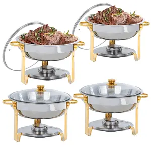 4 Pieces Buffet Hot Pot Set, Round Buffet Hot Pot with Glass Lid Stainless Steel Silver Set Suitable for Restaurant Party and Wedding Cookware Cover