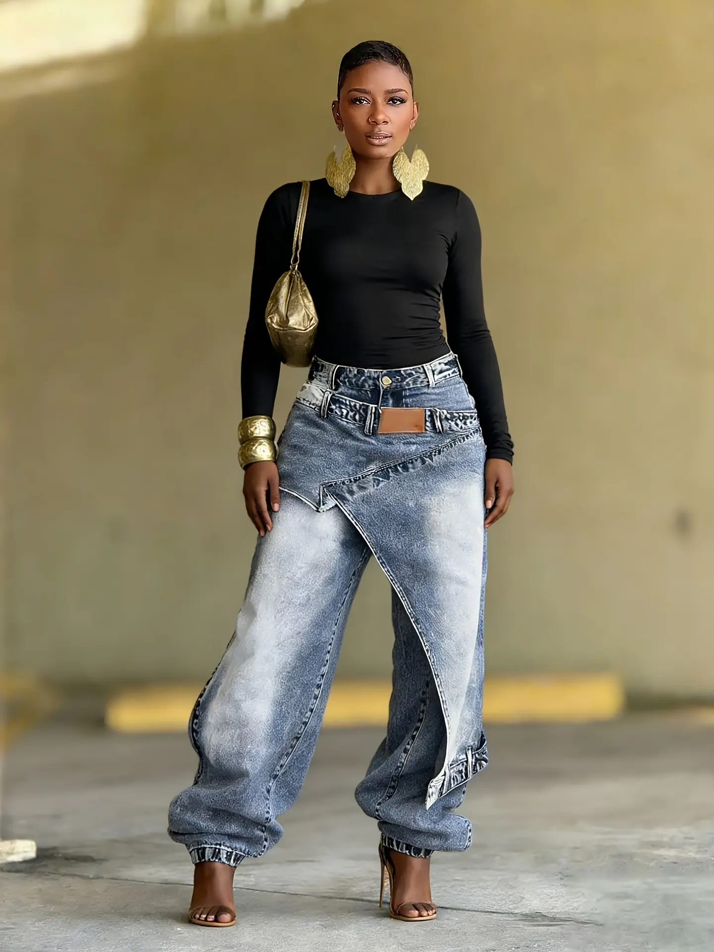 Women's Washed Irregular High‑waist Wide‑leg Jeans, Stylish And Versatile Asymmetrical Denim Trousers, Suitable For Spring, Autumn And Winter.