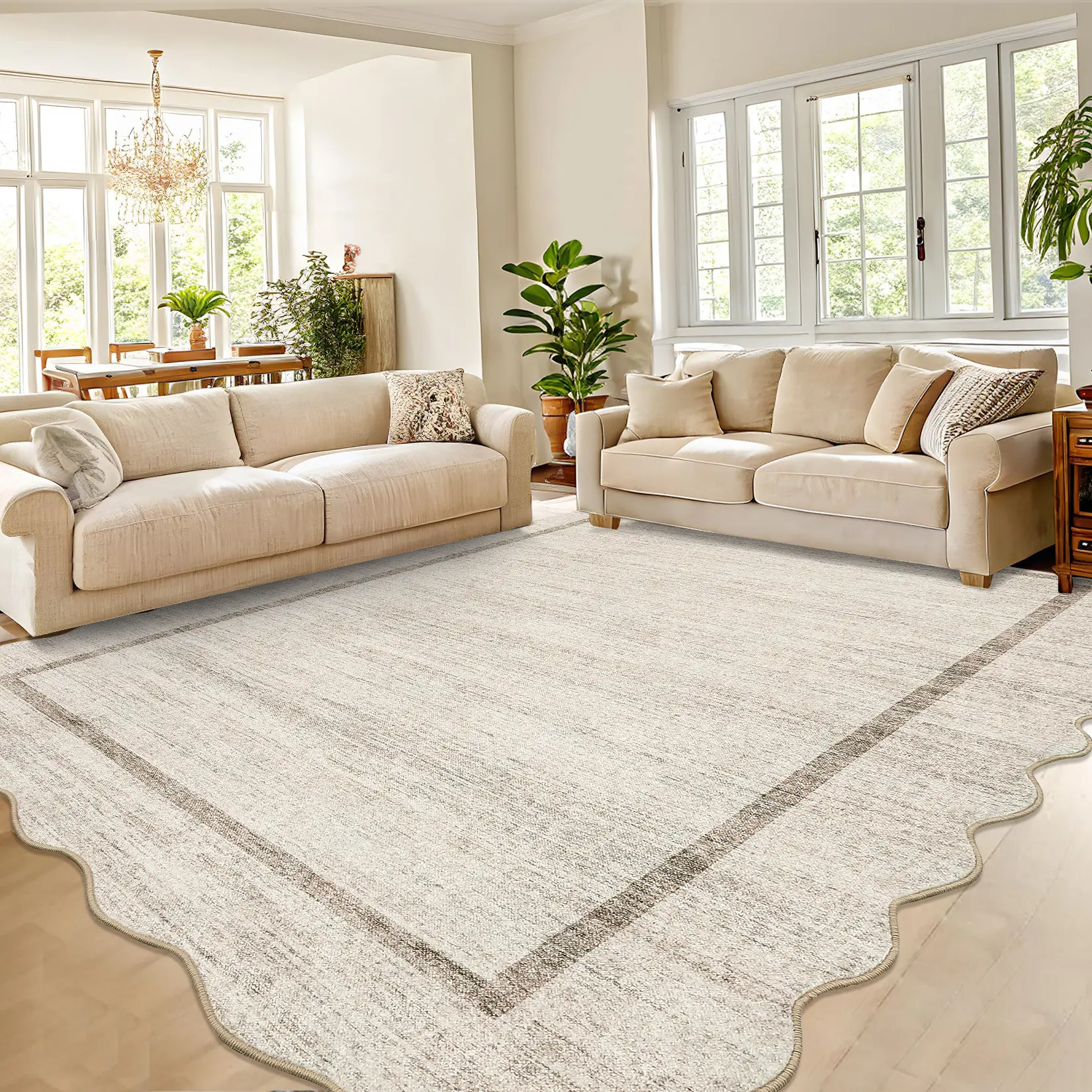 Pearl Velvet Cotton Rug - Charlotte Border, 1-Piece Modern Indoor House Decor Rug, Washable, Foldable, Shake-to-Refresh, Multi-Size for Entryway/Office, Living Room