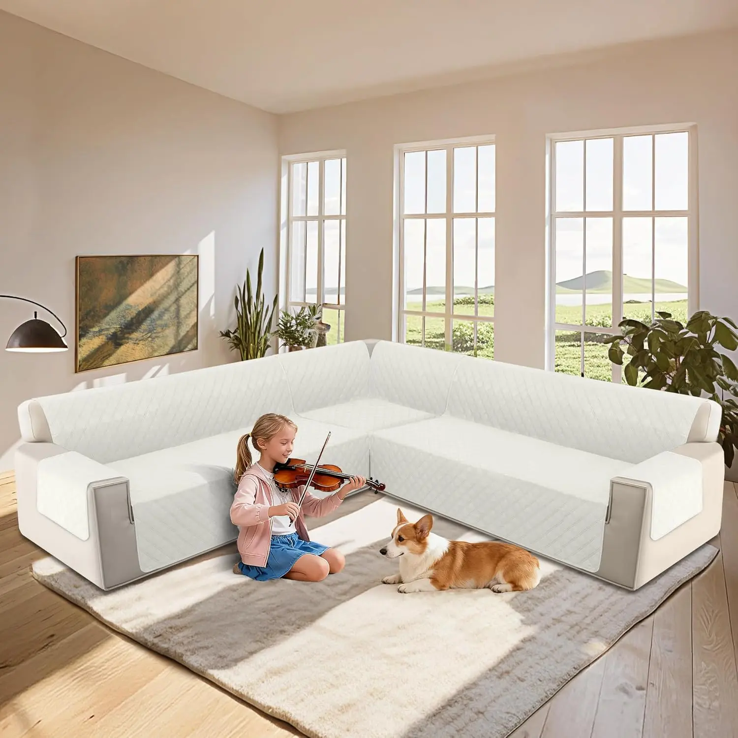 HDCAXKJ L Shape Couch Cover Sectional Sofa Cover 4 Pcs Corner Sectional Sofa Slipcovers Sets for Pets Dogs Washable Non Slip U Shaped Furniture Protector for Sectional Sofa (Ivory White, Large)