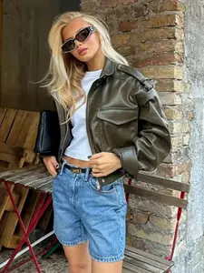 Women's Lightweight Fitted Jacket, Casual Jackets, 3 Colors Pockets Winter Fashion Faux Leather Jacket Outerwear