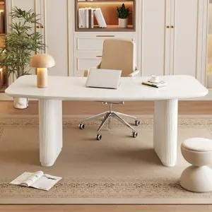 Guyii Executive Desk Modern Ergonomic Office Computer Desk with Curved Front Cream White Workstations Writing Table for Home Office Conference Meeting Room