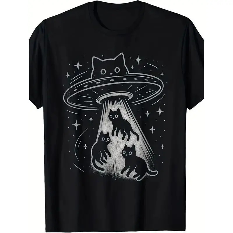 Men's Cotton Soft Basic Round Neck Short-Sleeve T-Shirt - Cute UFO Cat Alien Print, Comfortable Fit, All-Season Casual Top