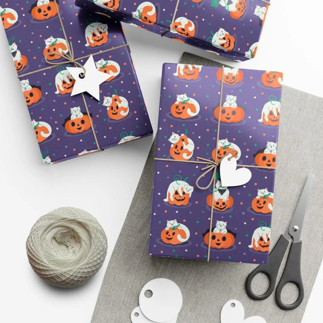 Jack-o-Lantern Cat Wrapping Paper, Halloween Gift Wrap