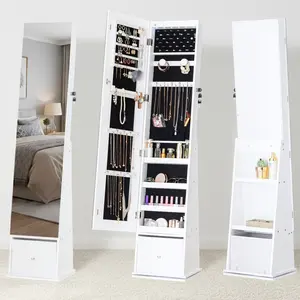 Jewelry Cabinet with Full Length Mirror Lockable Organizer 3 Rear Shelves Bottom Drawer Velvet Lined Protection Ideal Gift for Any Occasion