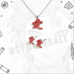 Gaara Love Symbol Jewelry Set, Japanese Style Necklace & Earrings, Anime-Inspired Gift for Fans