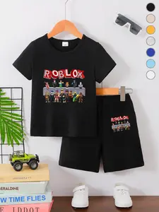 Summer Toddler Boys' T-Shirt Short Sleeve + Loose Shorts Set, Outfit, Roblox Logo Print, Casual Cartoon Pattern, Comfortable Summer Clothes
