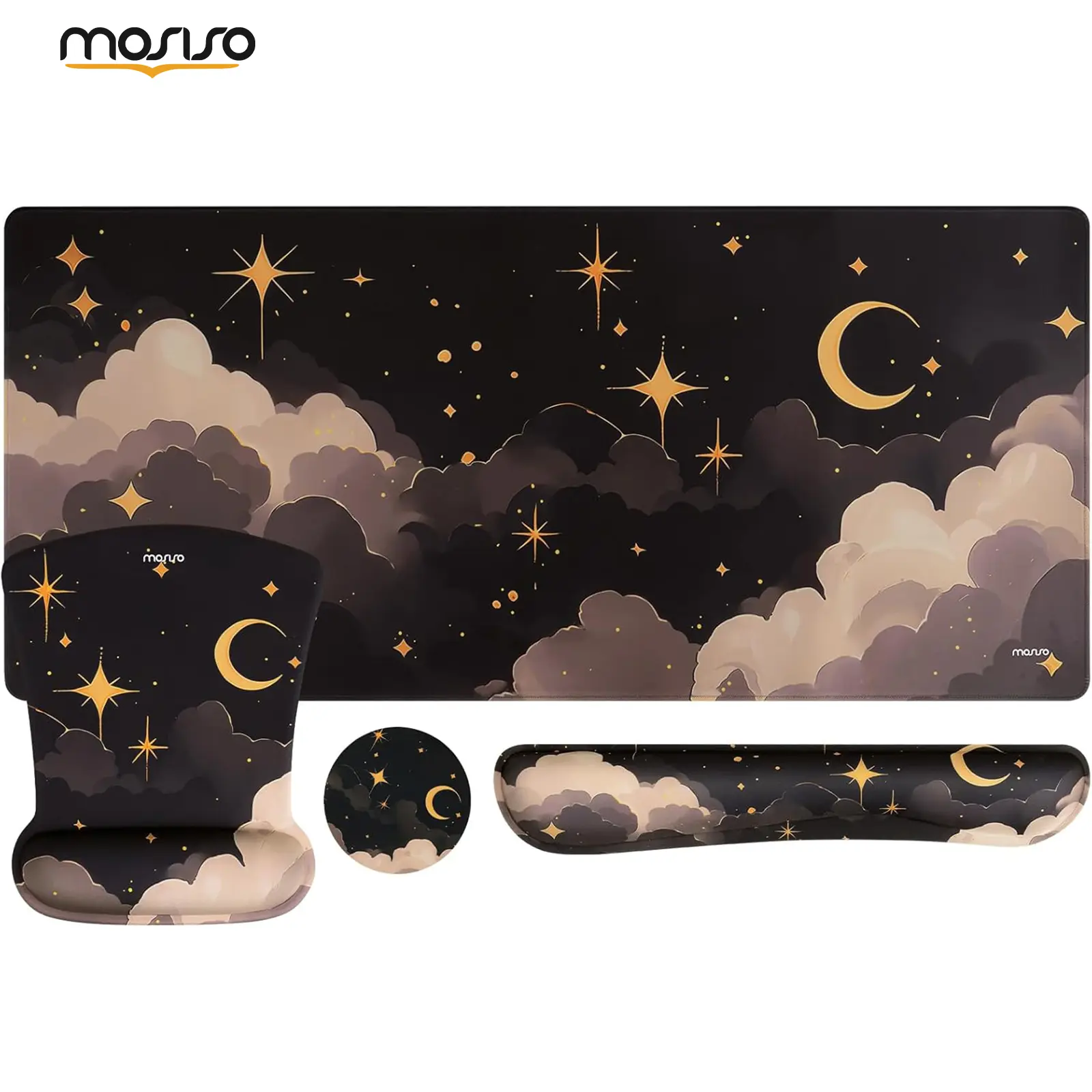 MOSISO 4-Piece Cute Keyboard Mouse Pad Set Pack, 17.2×3.15 in Large Gaming Mouse Pad, 1 Keyboard Wrist Rest with Raised Memory Foam Support, Non-Slip Star Moon Design, 3.9 in Coaster for Home Office Desk Decor, PC/Laptop/Console Work Desk Accessories