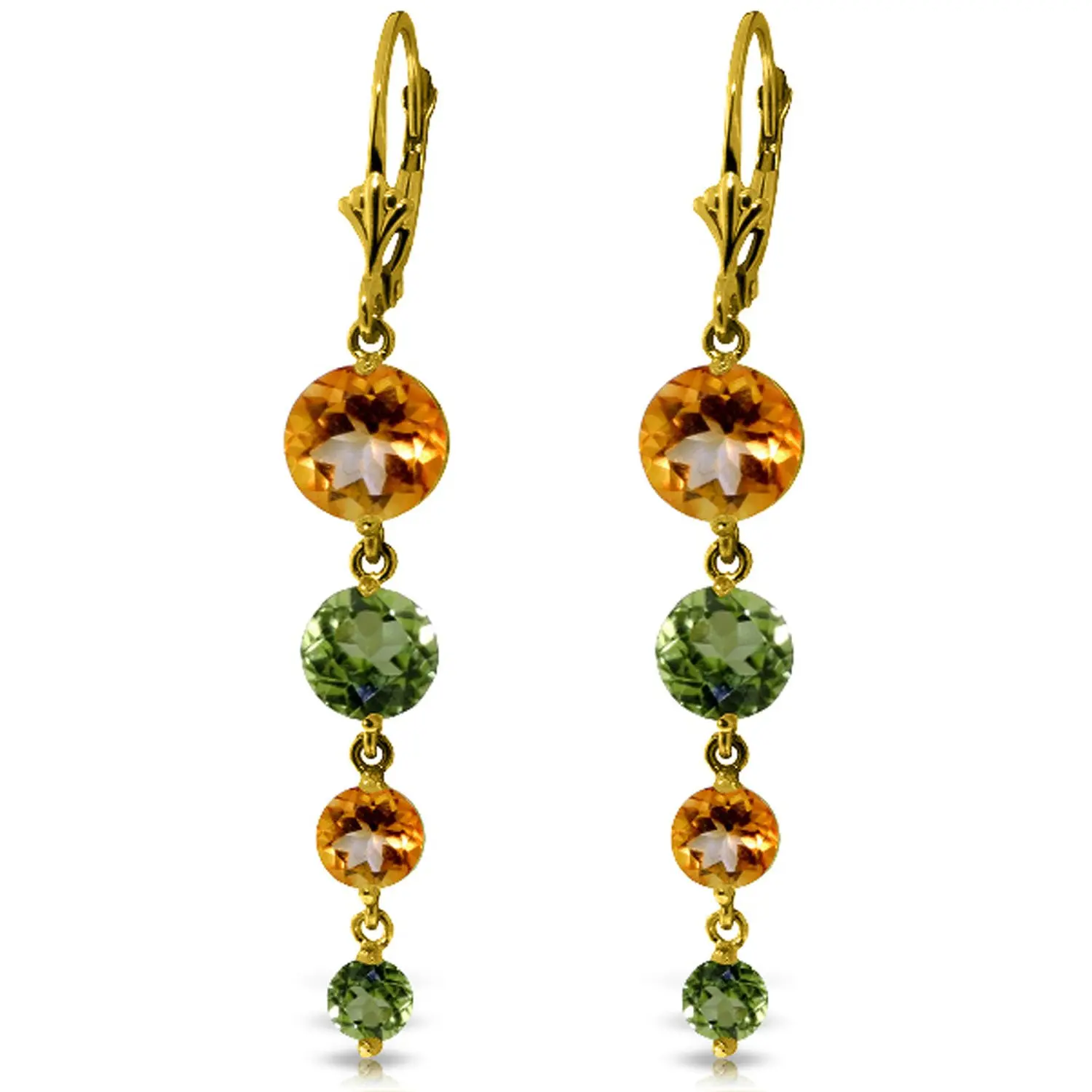 14k Yellow Gold Chandelier Earrings with Natural Citrines and Peridots