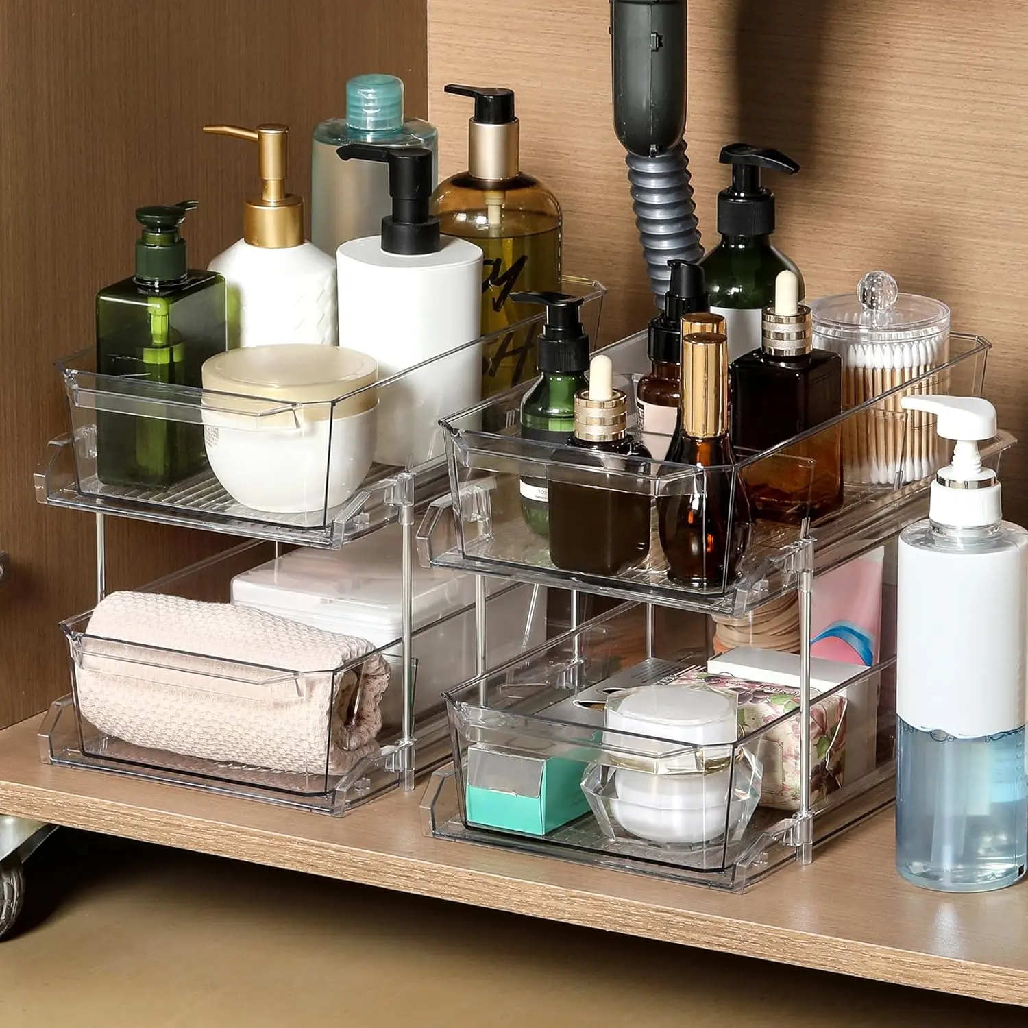 2 Set, 2 Tier Clear Organizer with Dividers for Cabinet, Shlef, Counter - MultiUse Slide-Out Storage Container - Kitchen, Pantry, Medicine Cupboard Bins, Bathroom, Vanity Makeup