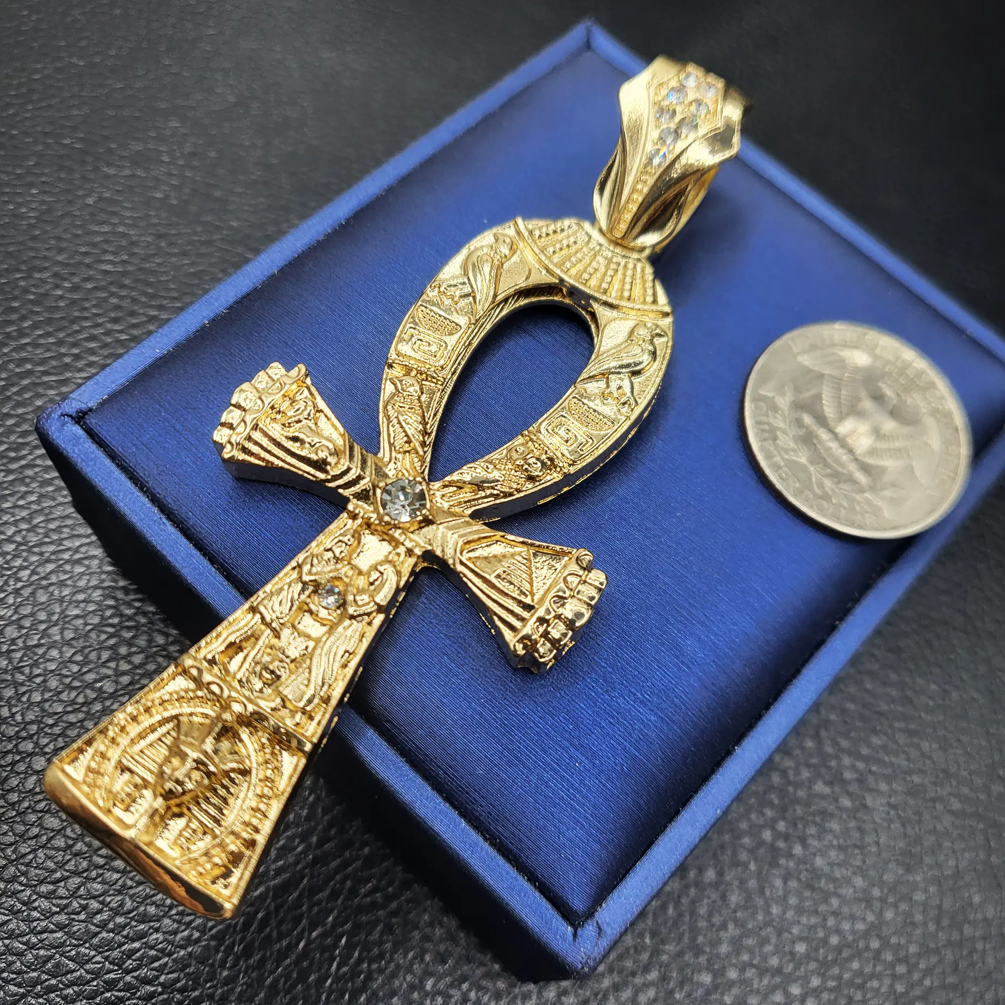 MaxBling81 Necklace for Men, 14 Karat Gold Plated Chunky Hip Hop Pendant with Large King Tut Ankh Charm, Polished Finish, Chunky Necklaces, Necklace And Chain