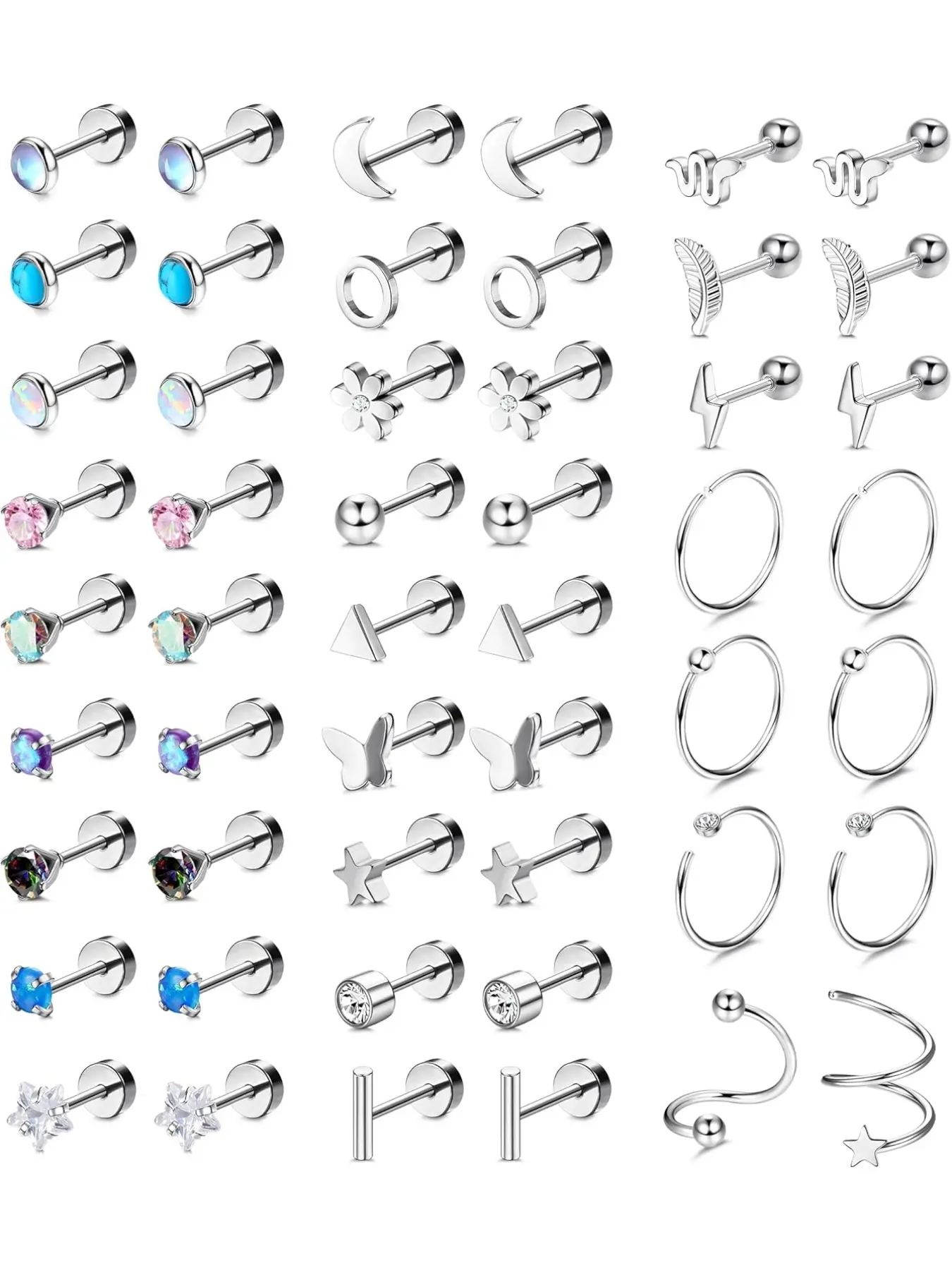 25 Pairs Surgical Steel Stud Earrings for Women Multipack Cartilage Earring Hoop Earrings Opal Moonstone Turquoise Butterfly Flower Star Flat Back Earrings Silver Stud Earring Jewelry Stainless Steel Hoops