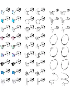 25 Pairs Surgical Steel Stud Earrings for Women Multipack Cartilage Earring Opal Moonstone Turquoise Butterfly Flower Star Flat Back Earrings Silver Stud Earring Jewelry