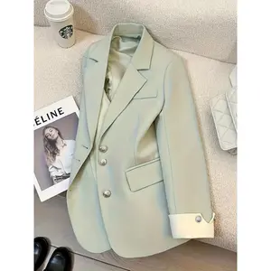 StylishWomen'sElegantSlim-FitBlazerwithColorBlockSplicingandNotchLapelinSolidColorforCasualWearFabricPolyesterSuitsSleeve