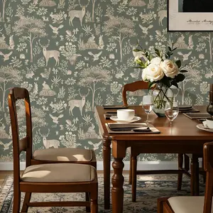 Vintage Forest Deer and Rabbit Pattern PVC Wallpaper, Self-Adhesive Removable Wall Sticker, Ideal for Home Interior Decor and Furniture Renovation