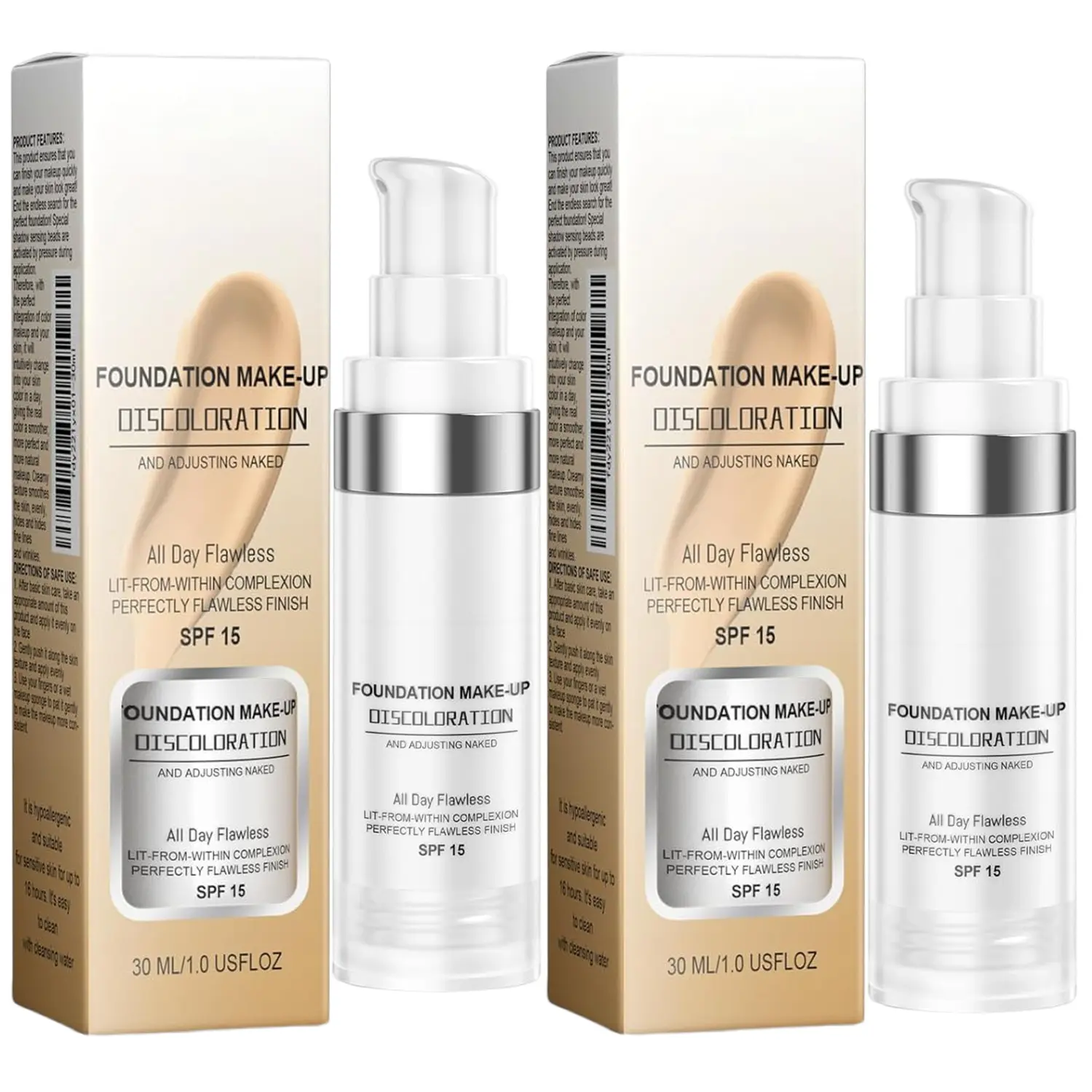 2-Pack Color-Changing Liquid Foundation, Full Coverage Cover Up Cosmetics with SPF 15 Sun Protection, Waterproof SPF Makeup for Sensitive Skin, 30ml, Any, Smoothing, Adults, Cruelty Free, Adjusting, Vegan Friendly, Two Packs