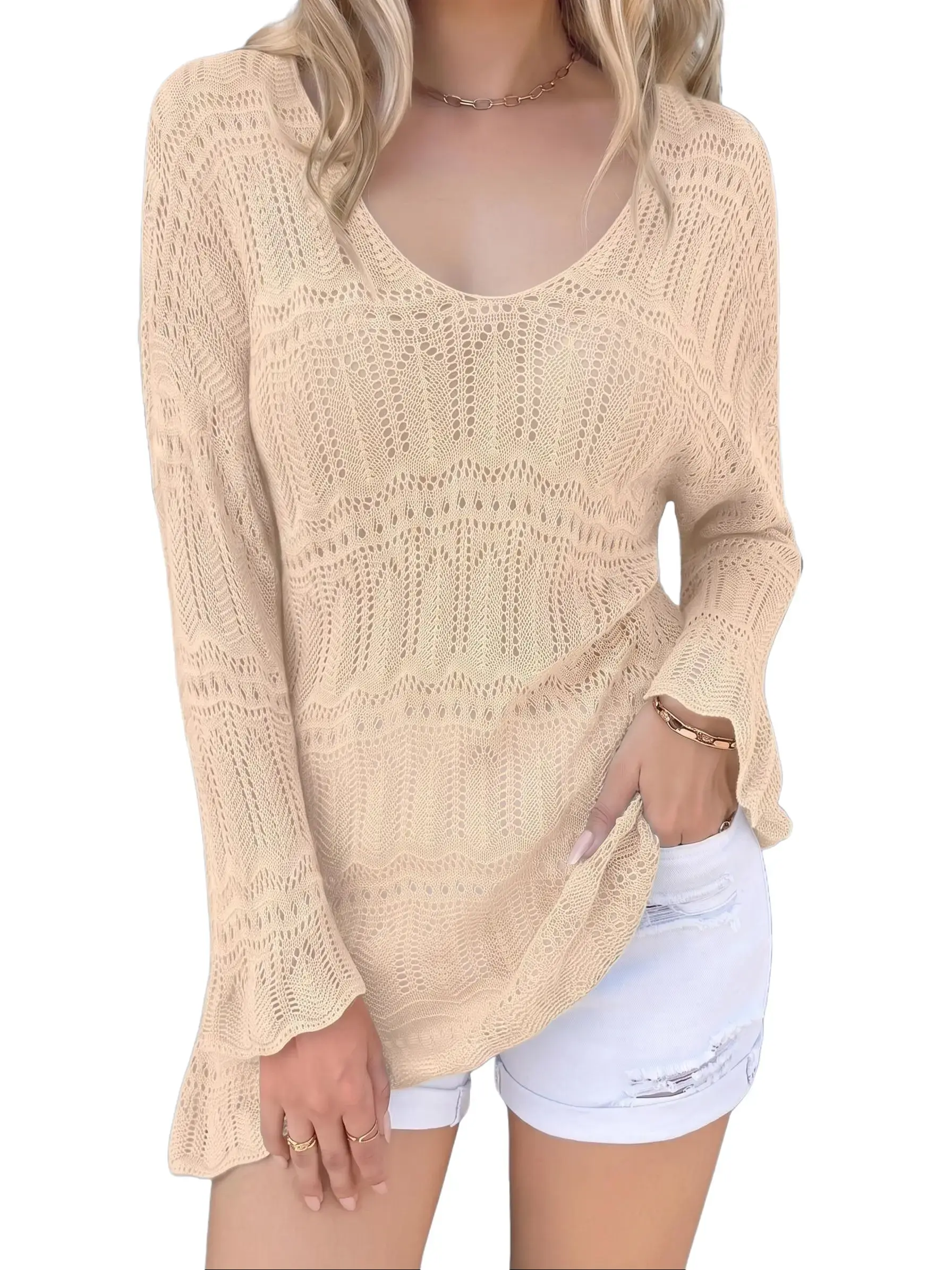 Shewin Summer Outfit Women's Casual Knitwear - Scoop V-Neck Hollow Out Crochet Long Sleeve Lightweight Pullover, Ruffle-Front Loose Cover Up for Daily Outings
