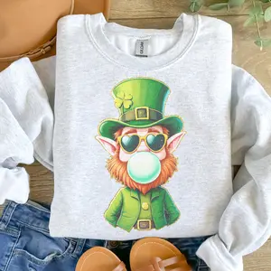 St Patrick - Leprechaun Blowing Bubble Gum Sweatshirt - Ash Grey - Unisex Jersey Sublimation Design Vintage Style Comfortable Everyday Wear