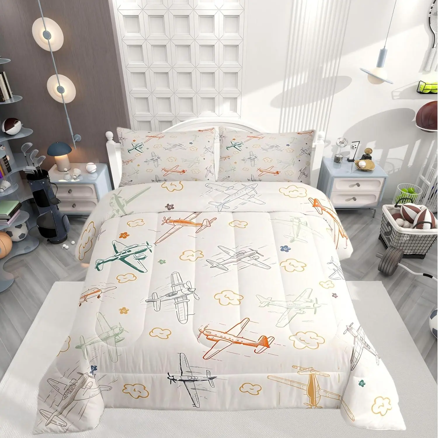Aircraft Bedding Set Airplane Print Comforter Decor Aircraft Flying Theme Blanket Microfiber Sketch Style Khaki Yellow Duvet Set Bedroom