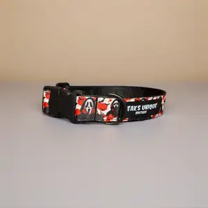 Bloody Ghost Face Dog Collar Scream Inspired Horror Movie Pet Accessory Red Blood Splatter Halloween 1-inch Thick Ribbon Durable Nylon Webbing Slasher Movie Collar