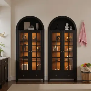 71" Arched Tall Kitchen Pantry with Magnetic LED Lights, Modern Farmhouse Wood Kitchens Storage Cabinets with Glass Door Drawers and Shelves, Versatile Cupboard for Kitchen, Dining Room, Bathroom, Livingroom