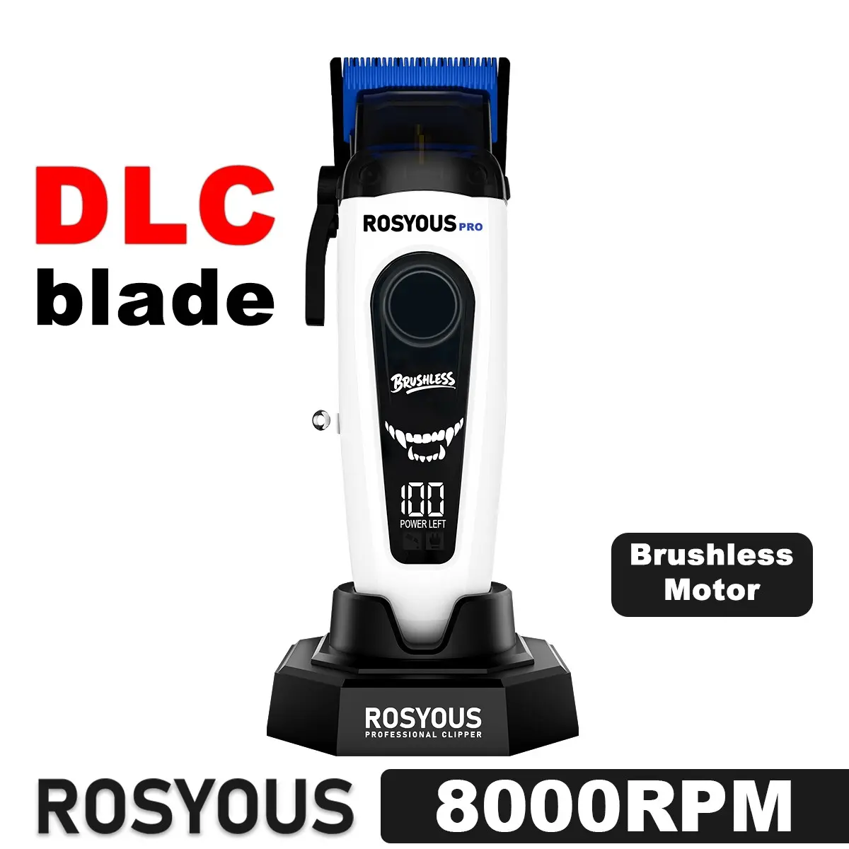 ROSYOUS RSpro-106 Men's Hair Clipper DLC Blade 8000RPM Brushless Motor with Base Charger Professional Hair Clipper for Barber Shops Cordless Hair Clippers