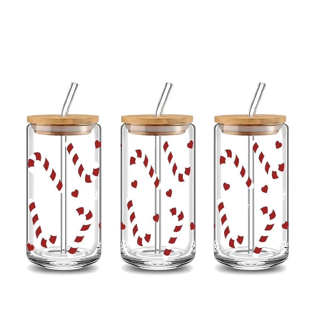 Cute Candy Cane Christmas Glass Tumbler with Lid & Straw, 16oz covered straw glass drinking cup, reusable glass drinking cup, high-quality glass jar design, suitable for iced coffee, beer, juice, milk, cold drink glass cups, fashionable glassware.