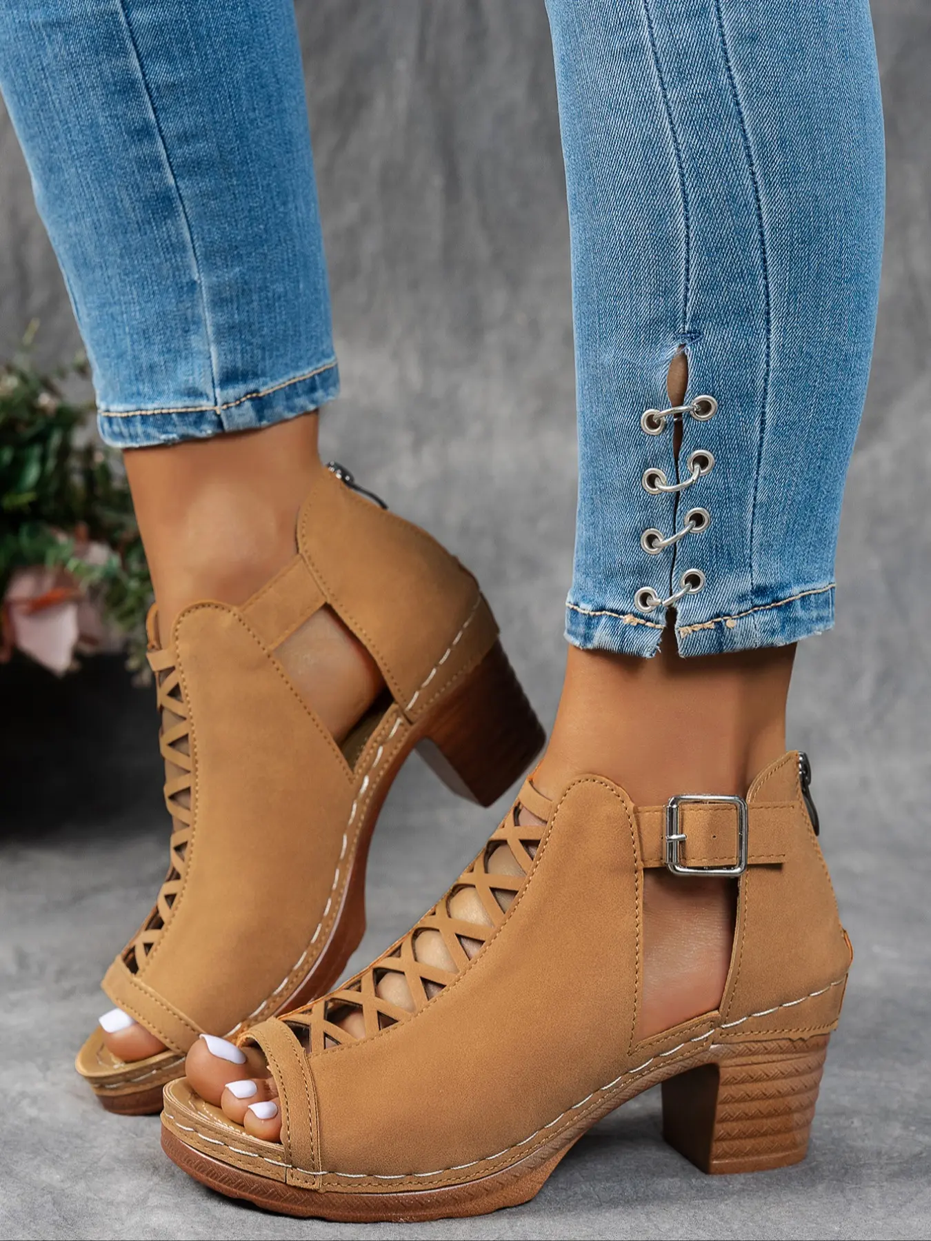 Women's Elegant Ethnic High Heel Sandals, Hollow Buckle Zip Design, Perfect for Spring Summer and Easter Holiday, Rubber, Dressy Summer Shoes