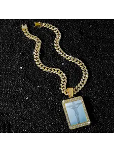 New Arrival Men's Full Diamond Chain Hip-Hop Style Personalized Square Pendant with Jesus Crucifix Pattern