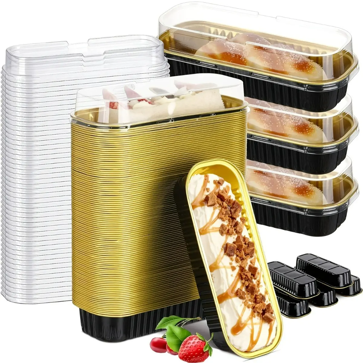 100 Disposable Aluminum Foil Cake Containers with 50 Cups and Lids, 6.8 Oz Mini Bread Dishes for Oven Air Fryer Fridge, Design, Tray, Home