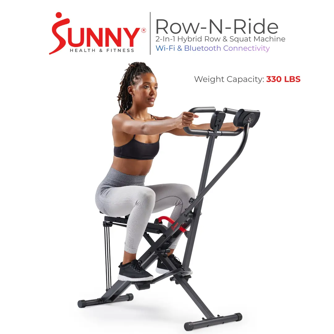 SUNNY Row-N-Ride Hybrid Rowing and Squat Machine Whole Body Workout Station Home Gym Fitness Equipment Foldable Compact Trainer with Adjustable Resistance Bluetooth Connectivity LCD Monitor Cardio and Strength Training Squat Assist 300 lbs Capacity