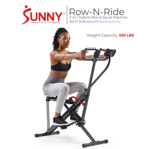 Sunny Health & Fitness Row-N-Ride Hybrid Rowing & Squat Machine, Adjustable Resistance, Foldable Compact, Squat Assist, 300 lbs Capacity, Bluetooth Connectivity, LCD Monitor, 300 lbs Capacity