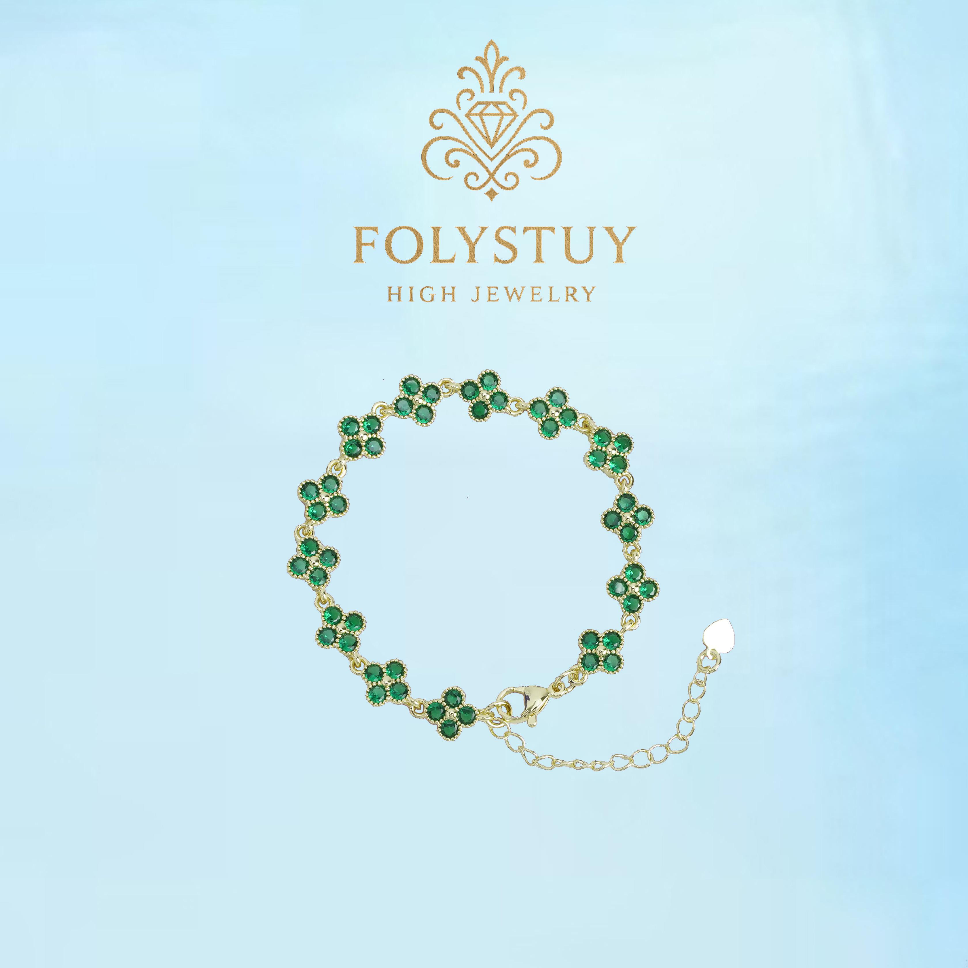 [FOLYSTUY (W182)]Four Leaf Clover Chain Bracelet with Green Stone Accent, 0.35" Width 9.06" Length Adjustable Wrist Jewelry