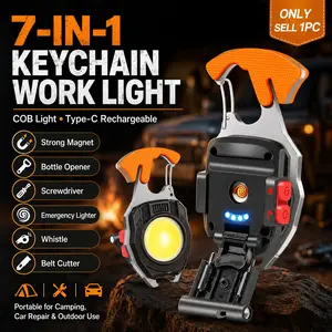 Multifunctional Keychain COB Work Light, USB-C Rechargeable Mini Camping Lantern with Magnetic Base, Foldable Stand, Bottle Opener, Whistle, Battery Display, LED Flashlight for Car Repair & Outdoor Use