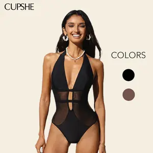 CUPSHE TikTokShopSpringGlowUp 2026 Hourglass Sculpting Mesh One-Piece Swimsuit | Deep V Neck Tummy Control Monokini  swimwear | Chic Halter Back Sheer Bathing Suit for Pool Party Glam