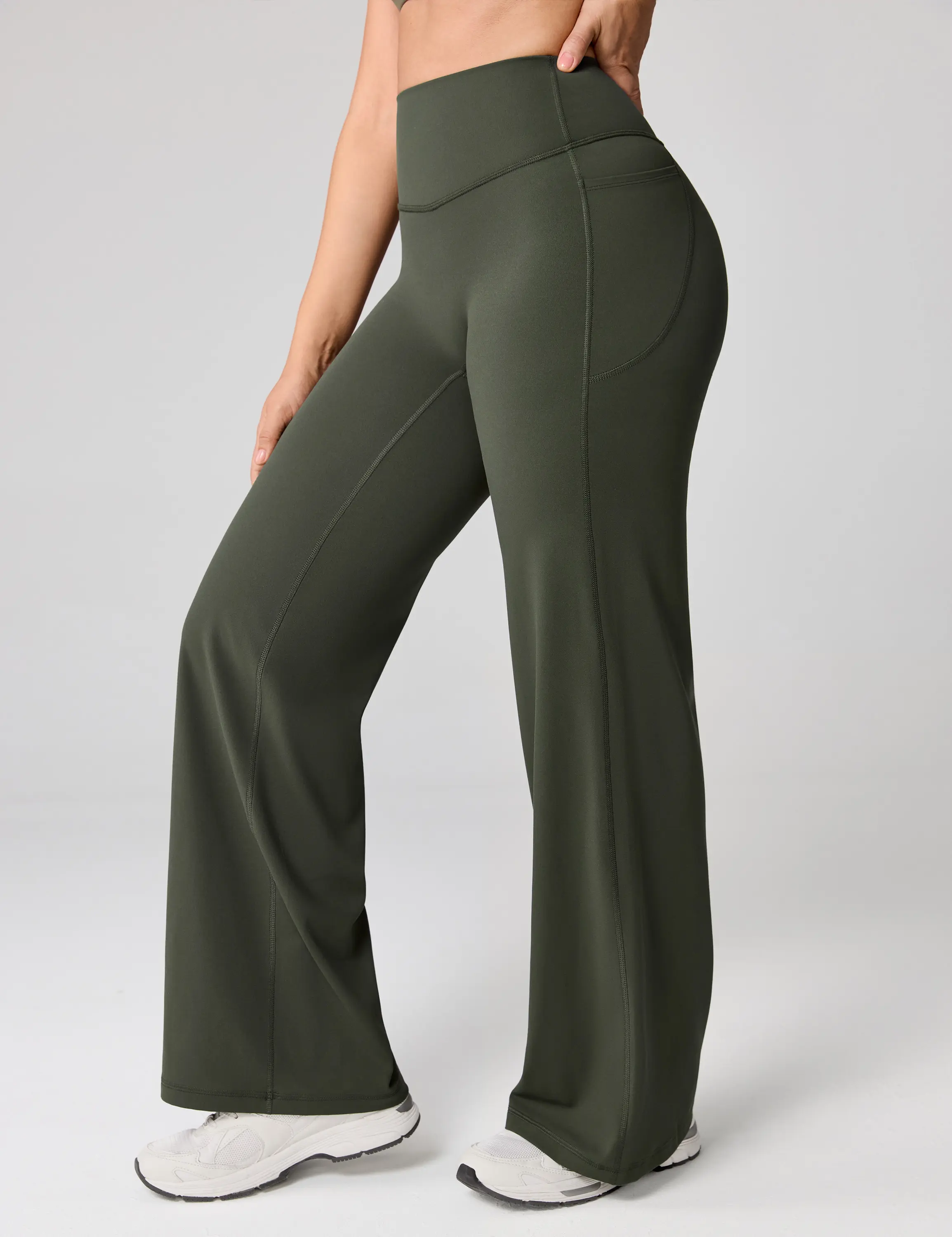 UNISSU Hugcurve Women's High Waist Stretchy Sports Bottoms - No Front Seam, Wide Leg, Side Pockets, Buttery Soft Blend Fabric, Seamless Sculpt, Lounge Wear, 31" Inseam, Fitness Yoga Pants