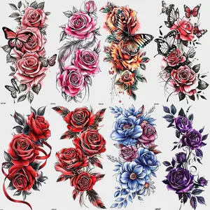 8-Piece Temporary Tattoo Stickers, Temporary Fake Tattoo, Waterproof Sweatproof Body Art Tattoos, Rose Butterfly Leaf Design, Perfect for Parties Holidays Travel