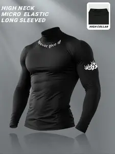 Men's High Neck Micro-Elastic Tight Long Sleeve T-Shirt, 'never Give Up' Fitness Training Top, Comfortable and Durable Design, Fitness Shirts
