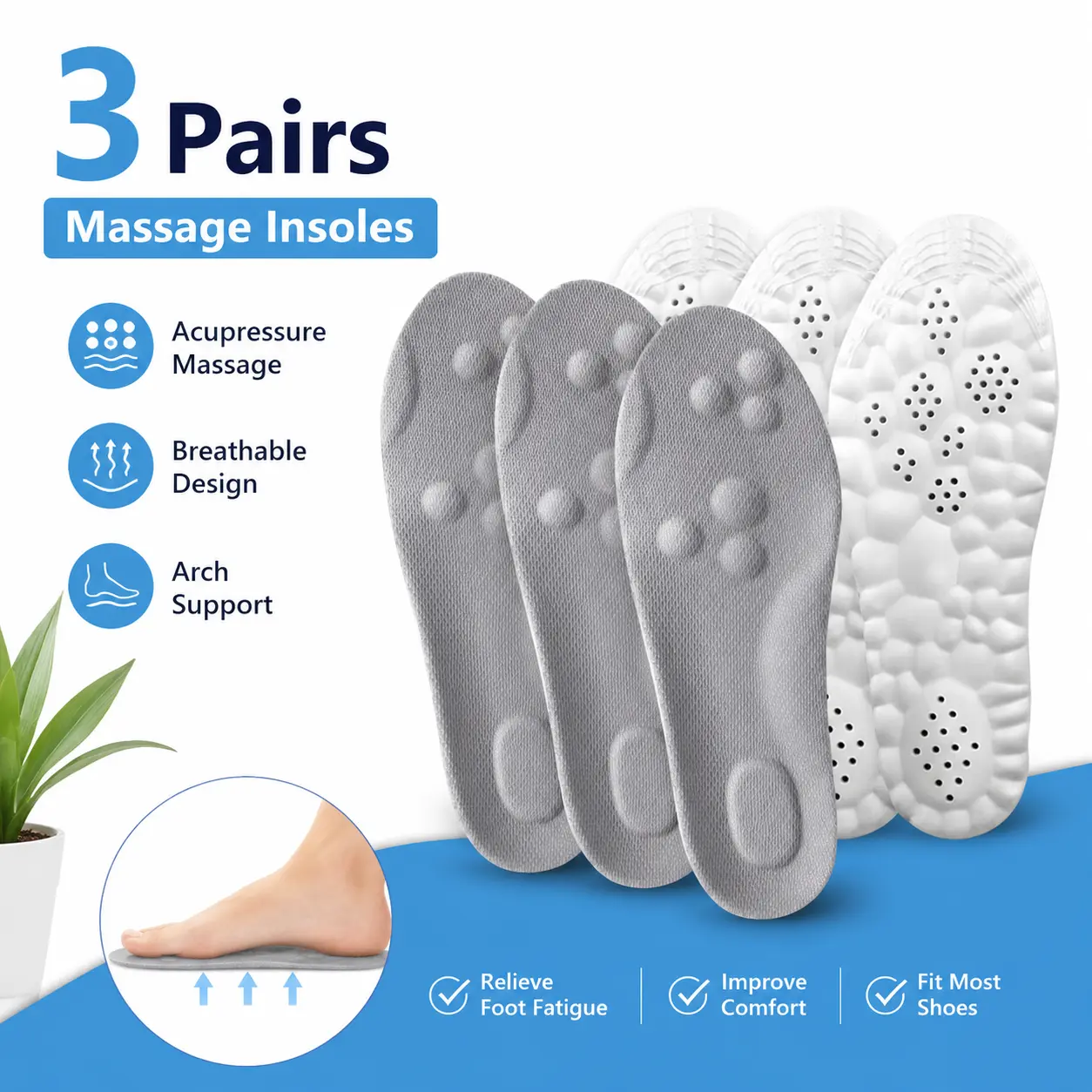 Massage Dot Shoe Insoles Shock Absorbing Breathable, Elastic Comfort Foot Cushion Inserts for Walking, Sneakers & Casual Shoes, Trimmable Universal Foot Support Washable Pads