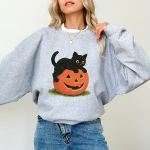 ChicCotton Vintage Black Cat On Pumpkin Sweatshirt, Retro 90s Halloween Crewneck, Fall Season Long Sleeve Pullover, Cat Lovers Sweater