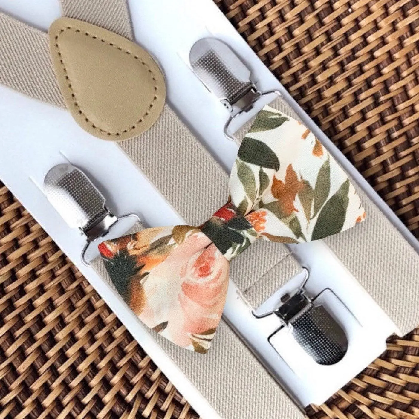 Ivory Terracotta Floral Bow Tie & Tan Suspenders Set