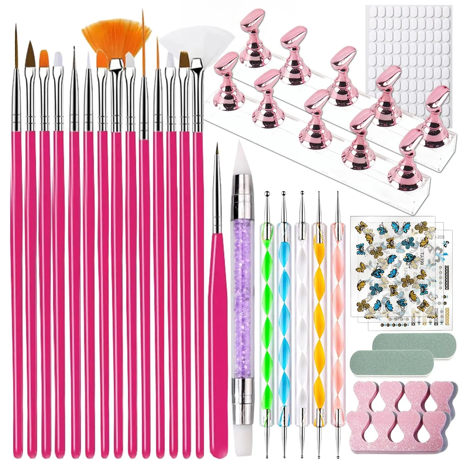 Nail Art Tools Set, 15 Nail Art Brushes 6 Nail Dotting Tool 3 Nail Stickers 2nail buffer 2 toe separator with Nail Stand Holder for Nail Tech & Beginners Nail Art Supplies Kit (Pink)