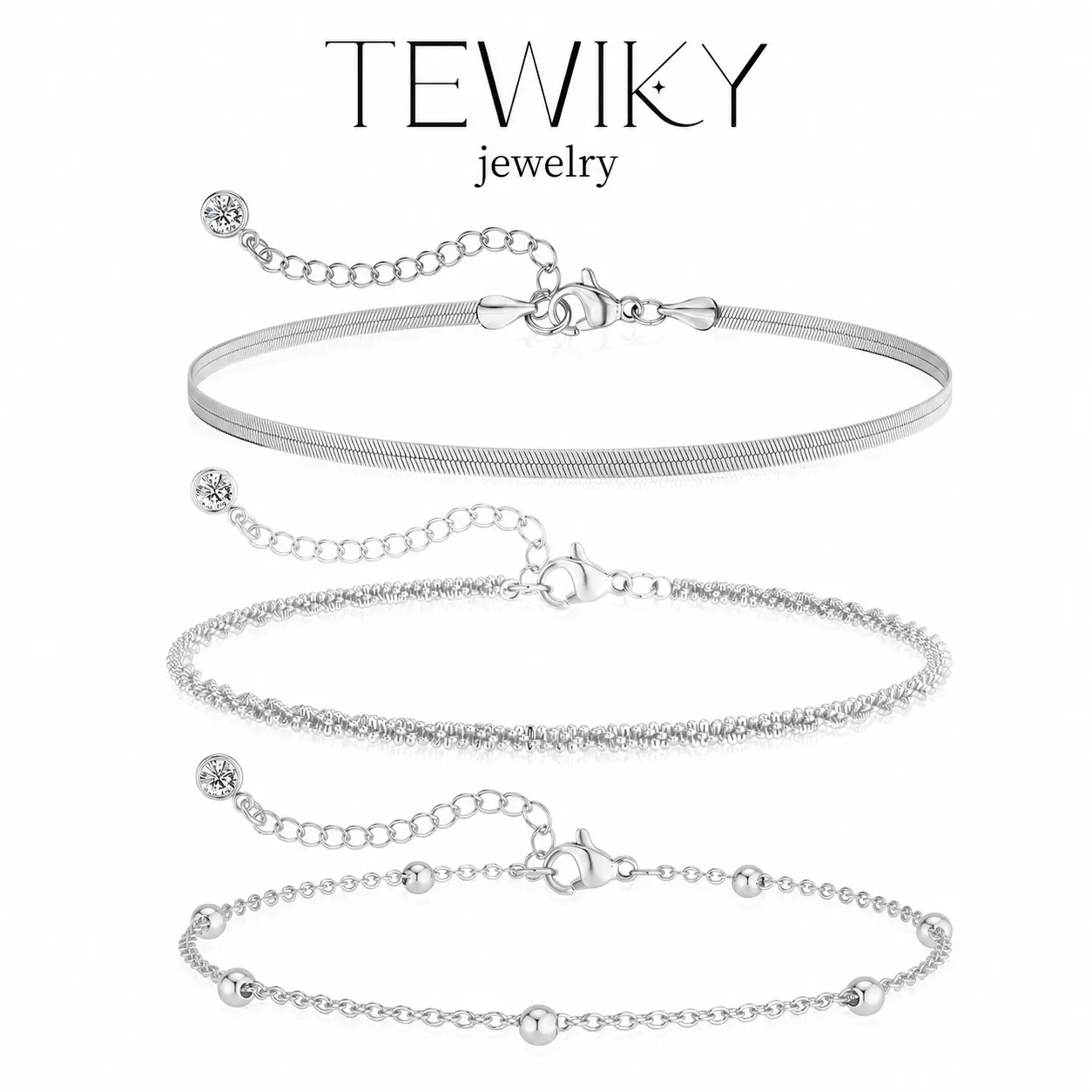TEWIKY Jewelry Silver Anklets for Women, 3 Pcs Layered Anklet Set, Dainty Snake Chain Beaded Ankle Bracelet, Stackable Summer Beach Foot Jewelry Gift for Her