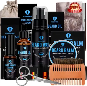 Men's Beard Grooming Kit (includes wash, balm, growth serum, comb, scissors), beard growth serum is rich in natural plant nourishing ingredients, 100% natural boar bristle brush made of wooden comb, soft and sturdy Fathersdaygift