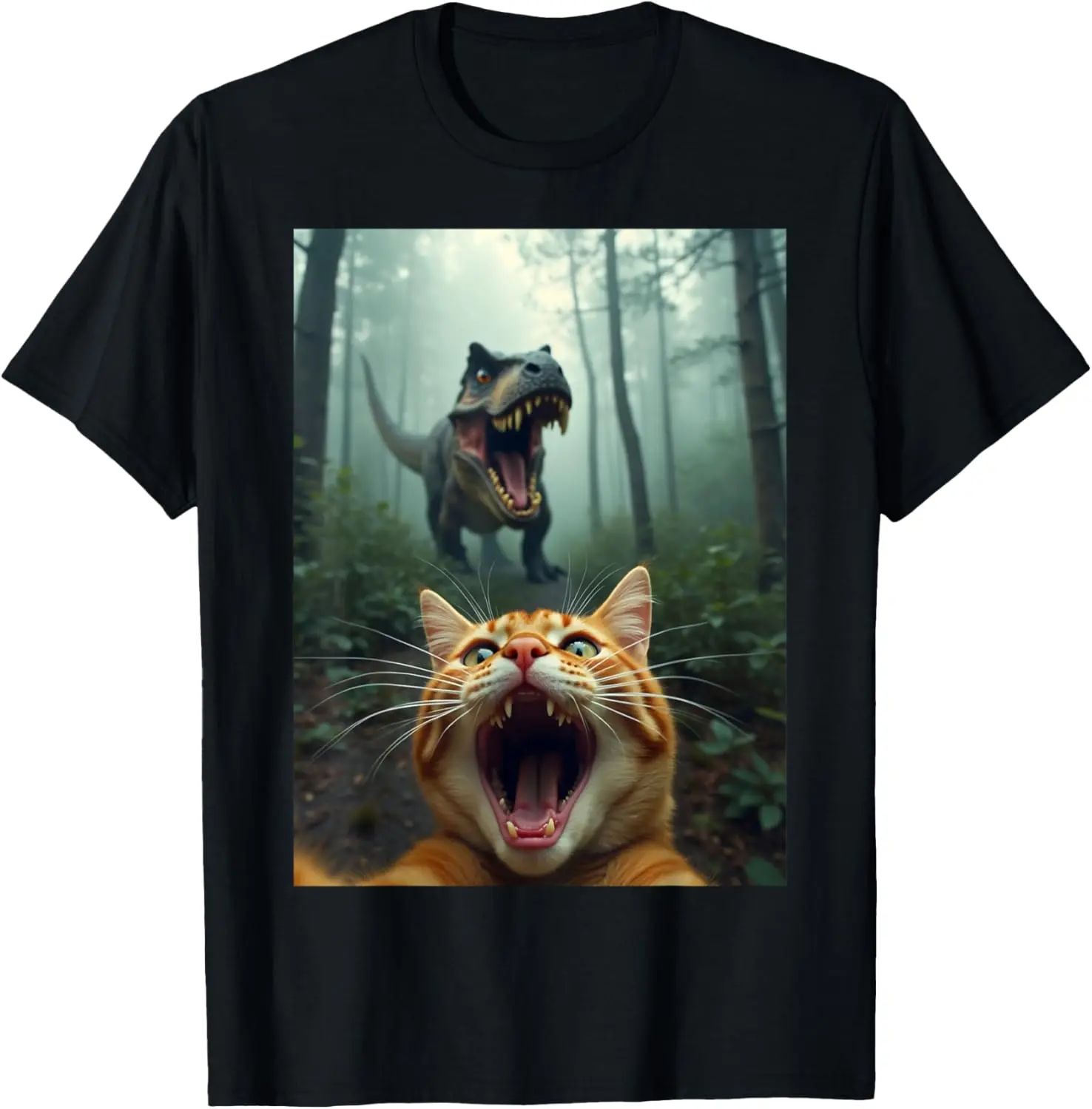 Graphic T-Shirt with Funny Cat & T-Rex Selfie Print, Casual Short Sleeve Top in 100% Natural Cotton for Fitness & Daily Wear